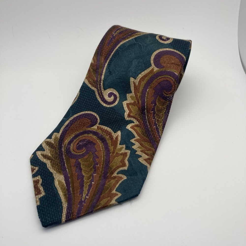 Vintage Aquascutum Of London Green Brown Silk Floral Necktie Wide